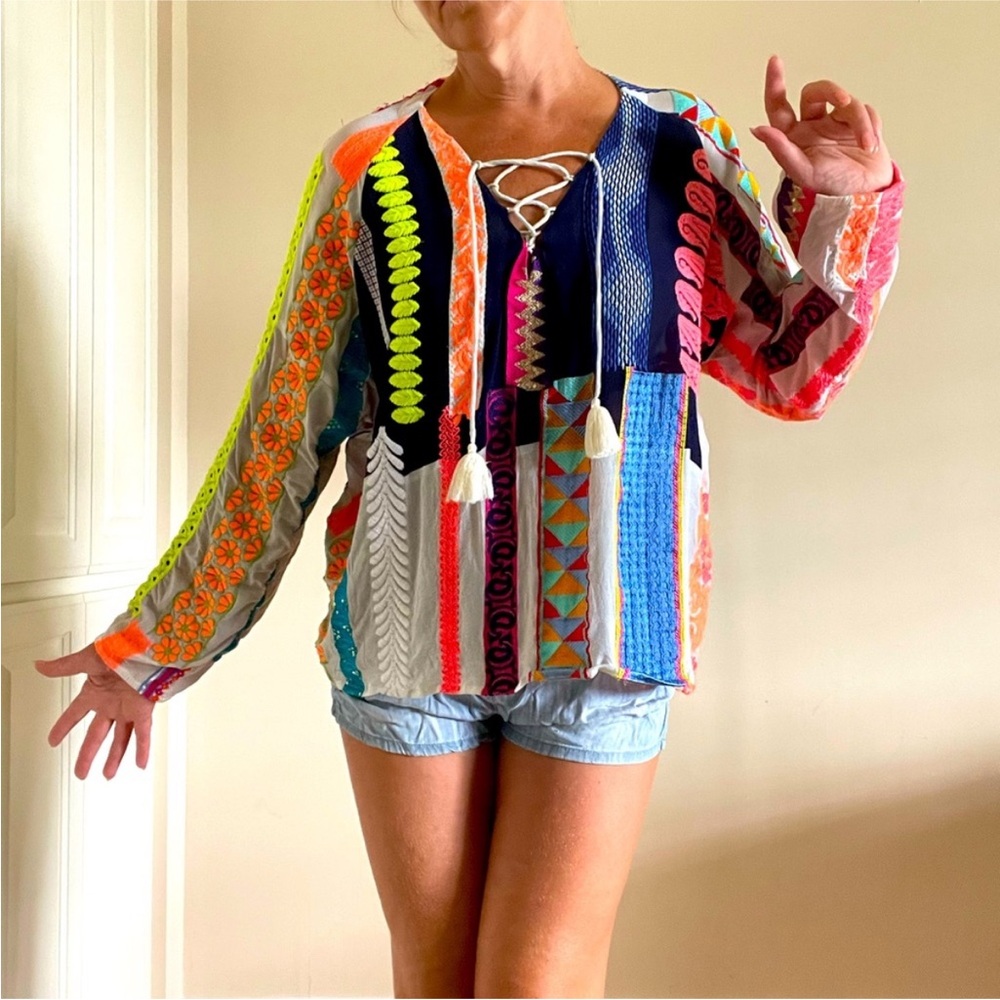 Taj By Sabrina Crippa Colorful Patchwork Boho Top EUC